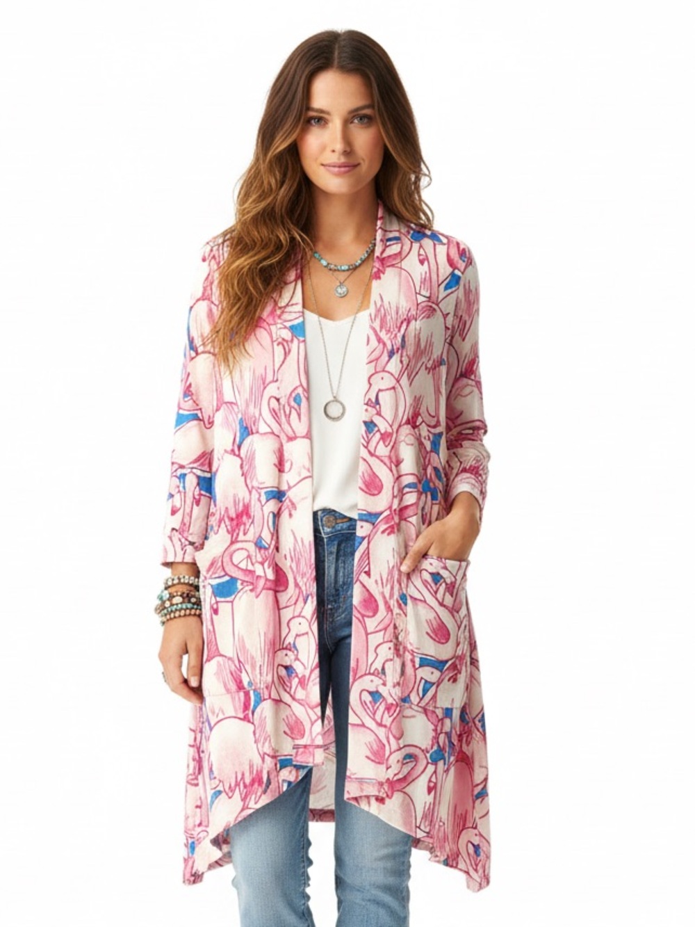 LuLaRoe Caroline A-Line Cardigan • Flamingos • Pockets • Damaged